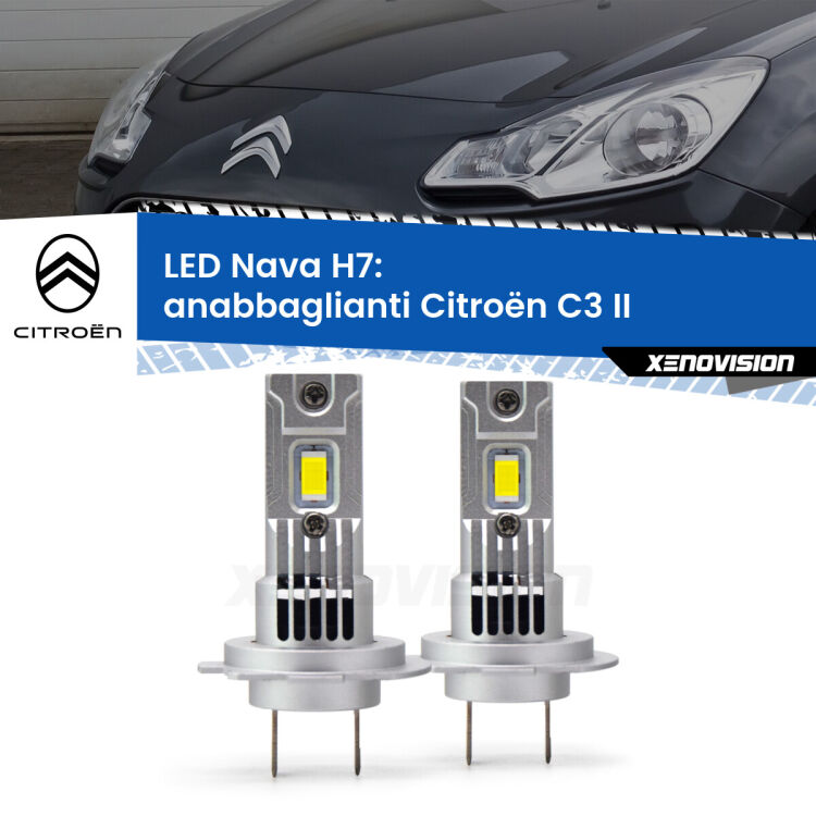 <strong>Anabbaglianti LED no-spie per Citroën C3</strong> II 2009 - 2016. Coppia lampade <strong>H7</strong> modello Nava canbus, raffreddate a ventola.