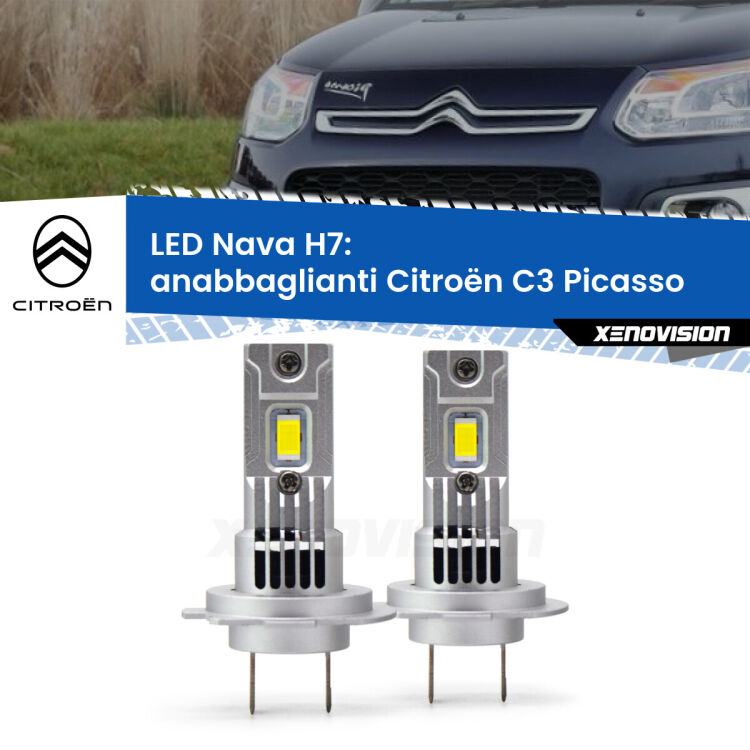 <strong>Anabbaglianti LED no-spie per Citroën C3 Picasso</strong>  2009 - 2016. Coppia lampade <strong>H7</strong> modello Nava canbus, raffreddate a ventola.