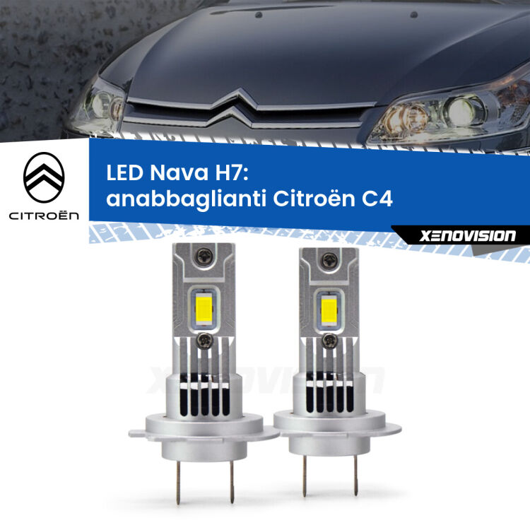 <strong>Anabbaglianti LED no-spie per Citroën C4</strong>  2004 - 2011. Coppia lampade <strong>H7</strong> modello Nava canbus, raffreddate a ventola.