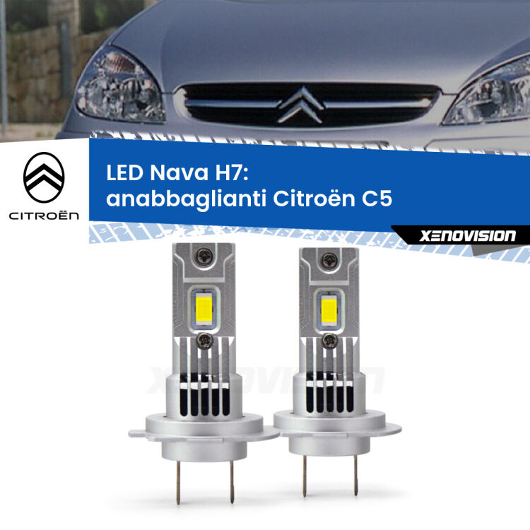 <strong>Anabbaglianti LED no-spie per Citroën C5</strong>  2001 - 2004. Coppia lampade <strong>H7</strong> modello Nava canbus, raffreddate a ventola.