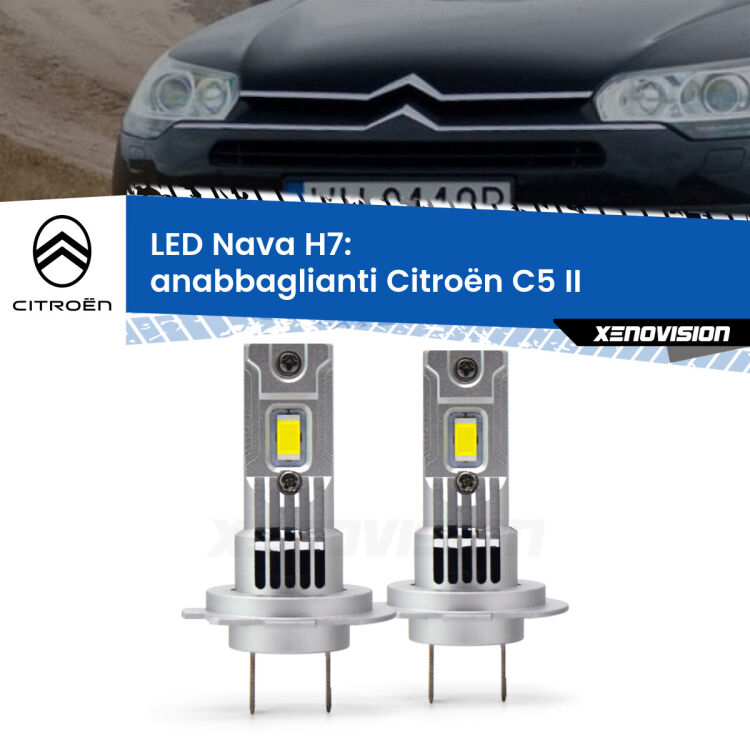 <strong>Anabbaglianti LED no-spie per Citroën C5</strong> II 2008 - 2014. Coppia lampade <strong>H7</strong> modello Nava canbus, raffreddate a ventola.