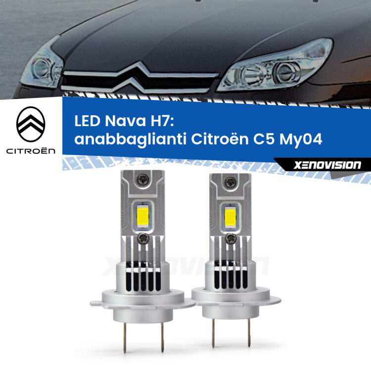 <strong>Anabbaglianti LED no-spie per Citroën C5</strong> My04 2004 - 2008. Coppia lampade <strong>H7</strong> modello Nava canbus, raffreddate a ventola.