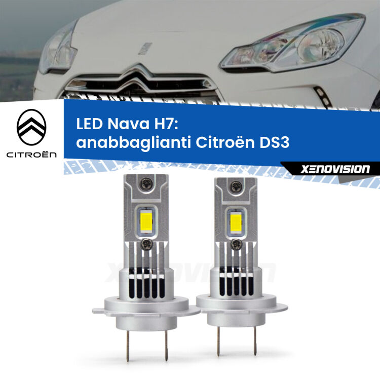 <strong>Anabbaglianti LED no-spie per Citroën DS3</strong>  2009 - 2015. Coppia lampade <strong>H7</strong> modello Nava canbus, raffreddate a ventola.