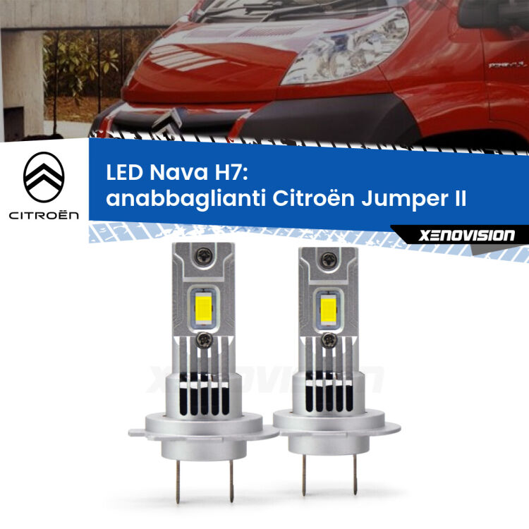 <strong>Anabbaglianti LED no-spie per Citroën Jumper</strong> II 2002 in poi. Coppia lampade <strong>H7</strong> modello Nava canbus, raffreddate a ventola.