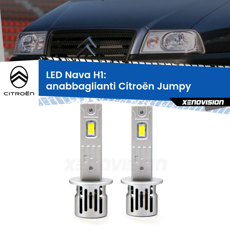 <strong>Anabbaglianti LED no-spie per Citroën Jumpy</strong>  1994 - 2005. Coppia lampade <strong> H1</strong> modello Nava canbus, raffreddate a ventola.