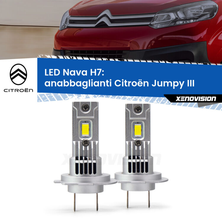 <strong>Anabbaglianti LED no-spie per Citroën Jumpy</strong> III 2016 in poi. Coppia lampade <strong>H7</strong> modello Nava canbus, raffreddate a ventola.