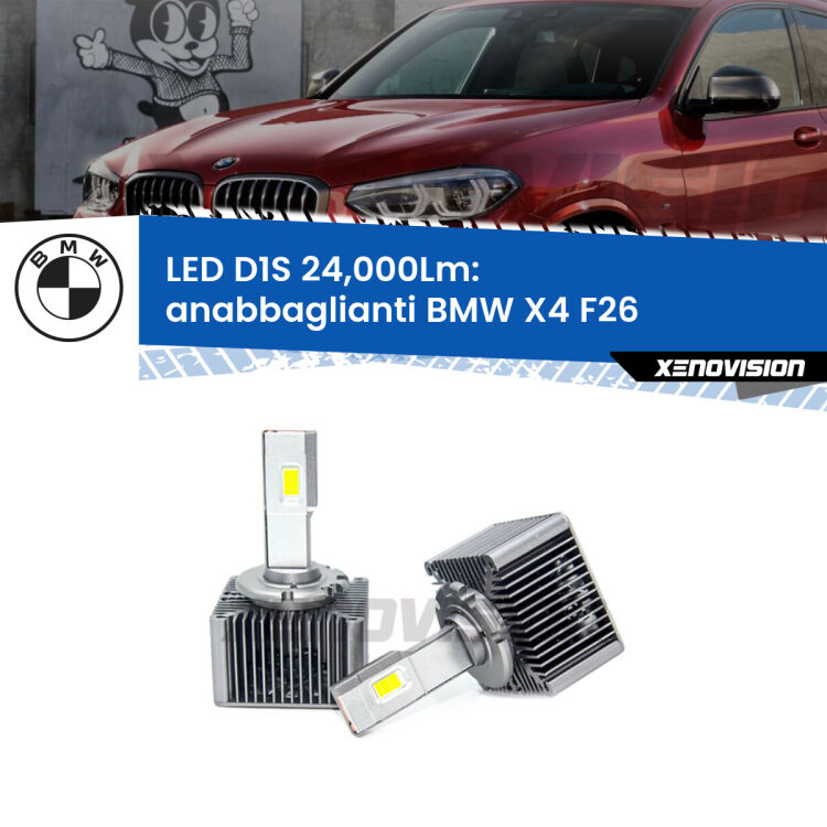 <strong>Lampade conversione a LED specifiche per BMW X4</strong> F26 2014 - 2017 con fari D1S xenon di serie. Lampade Canbus da 24.000Lumen, Qualità Massima.