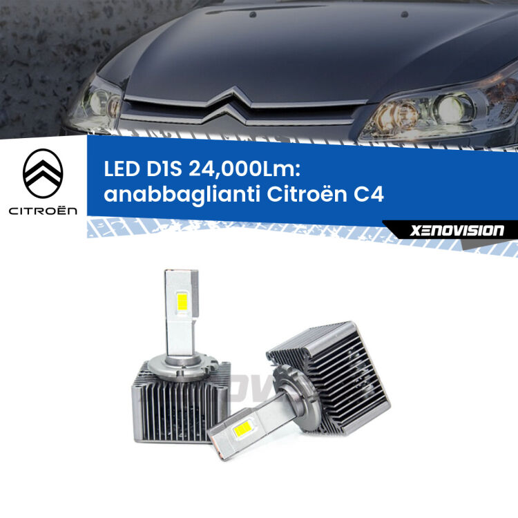 <strong>Lampade conversione a LED specifiche per Citroën C4</strong>  2004 - 2011 con fari D1S xenon di serie. Lampade Canbus da 24.000Lumen, Qualità Massima.