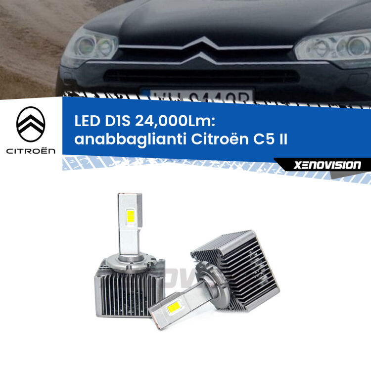 <strong>Lampade conversione a LED specifiche per Citroën C5</strong> II 2008 - 2014 con fari D1S xenon di serie. Lampade Canbus da 24.000Lumen, Qualità Massima.