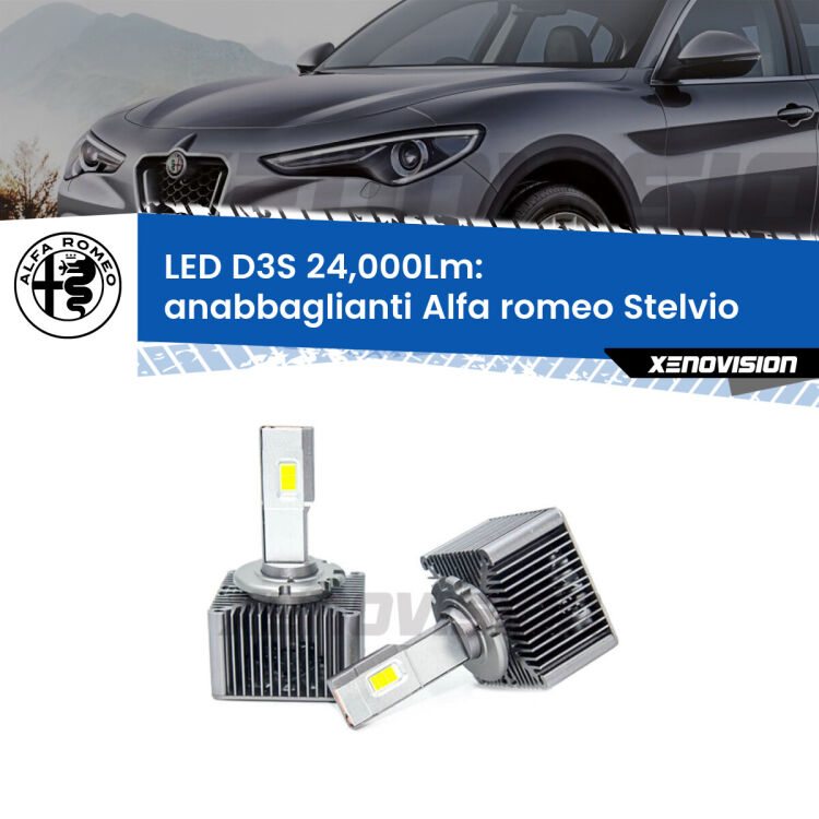 <strong>Kit trasformazione a LED per fari xenon di serie Alfa romeo Stelvio</strong>  2016 in poi. Lampade <strong>D3S</strong> Plug&Play no-errori 24.000Lumen da Xenovision.