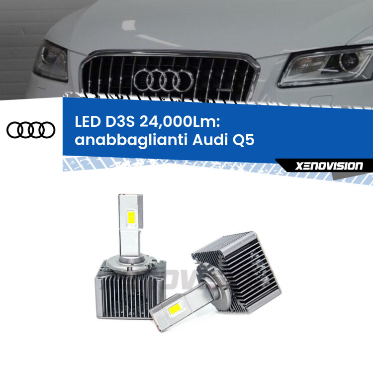 <strong>Kit trasformazione a LED per fari xenon di serie Audi Q5</strong>  2008 - 2017. Lampade <strong>D3S</strong> Plug&Play no-errori 24.000Lumen da Xenovision.