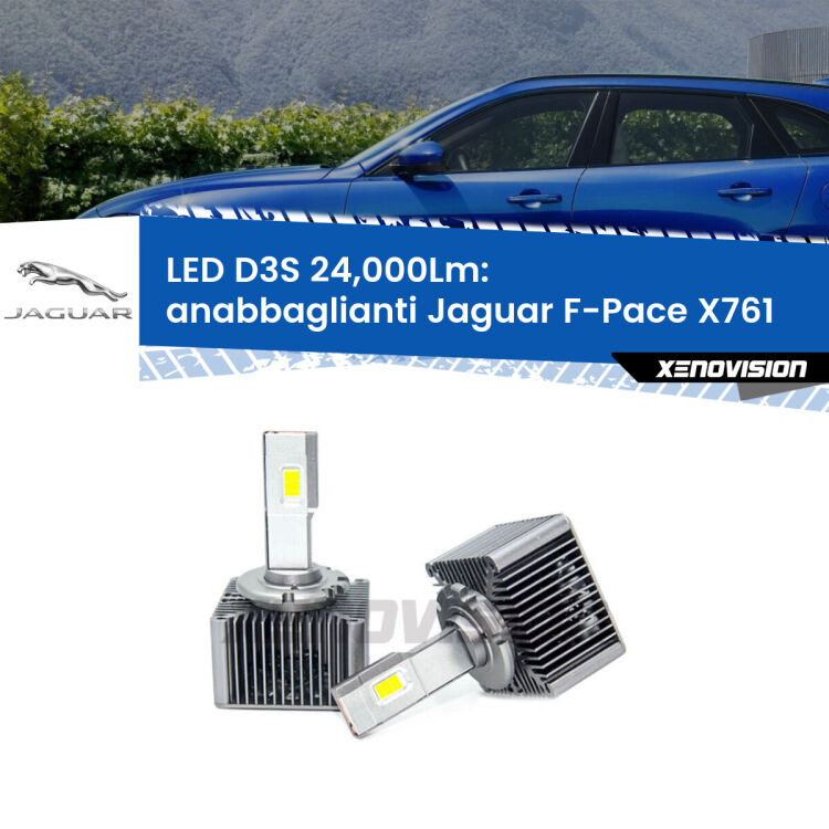 <strong>Kit trasformazione a LED per fari xenon di serie Jaguar F-Pace</strong> X761 2015 in poi. Lampade <strong>D3S</strong> Plug&Play no-errori 24.000Lumen da Xenovision.