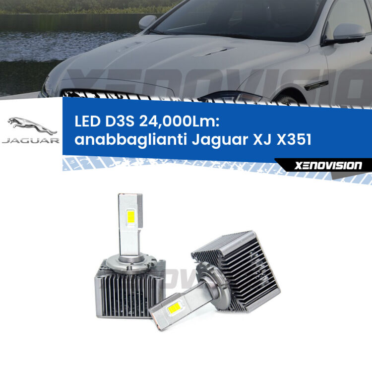 <strong>Kit trasformazione a LED per fari xenon di serie Jaguar XJ</strong> X351 2010 - 2019. Lampade <strong>D3S</strong> Plug&Play no-errori 24.000Lumen da Xenovision.