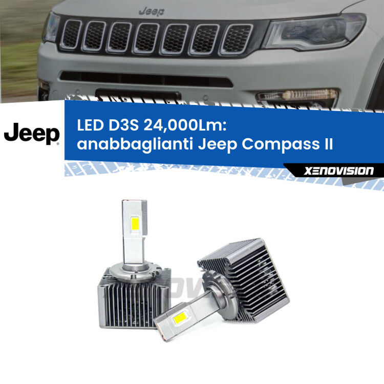 <strong>Kit trasformazione a LED per fari xenon di serie Jeep Compass</strong> II LPR. Lampade <strong>D3S</strong> Plug&Play no-errori 24.000Lumen da Xenovision.