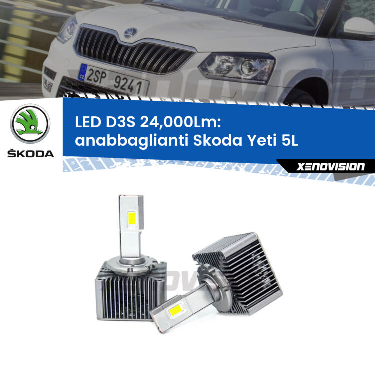 <strong>Kit trasformazione a LED per fari xenon di serie Skoda Yeti</strong> 5L 2014 - 2017. Lampade <strong>D3S</strong> Plug&Play no-errori 24.000Lumen da Xenovision.