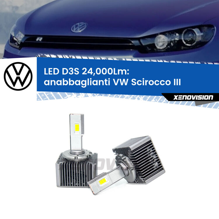 <strong>Kit trasformazione a LED per fari xenon di serie VW Scirocco</strong> III 2015 - 2017. Lampade <strong>D3S</strong> Plug&Play no-errori 24.000Lumen da Xenovision.