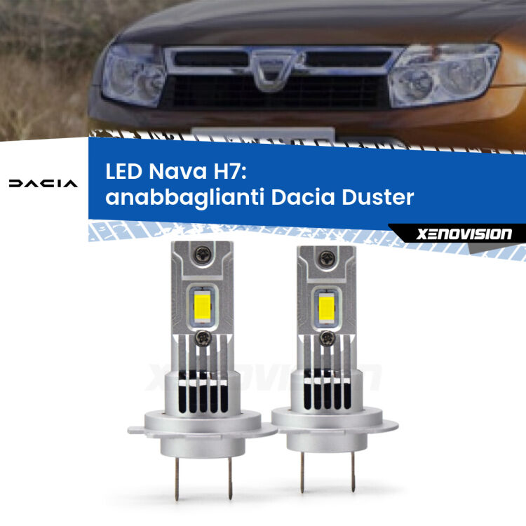 <strong>Anabbaglianti LED no-spie per Dacia Duster</strong>  2010 - 2016. Coppia lampade <strong>H7</strong> modello Nava canbus, raffreddate a ventola.