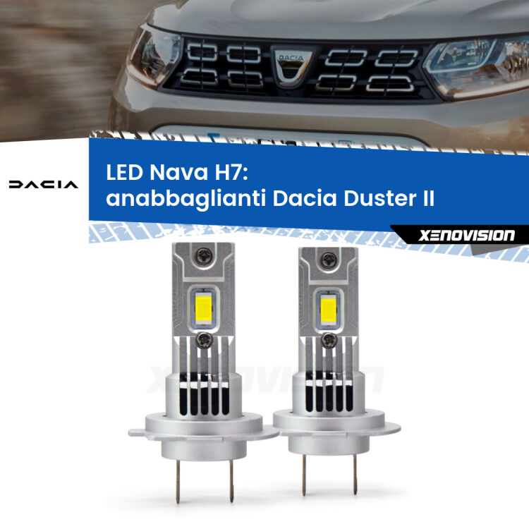 <strong>Anabbaglianti LED no-spie per Dacia Duster</strong> II 2017 in poi. Coppia lampade <strong>H7</strong> modello Nava canbus, raffreddate a ventola.