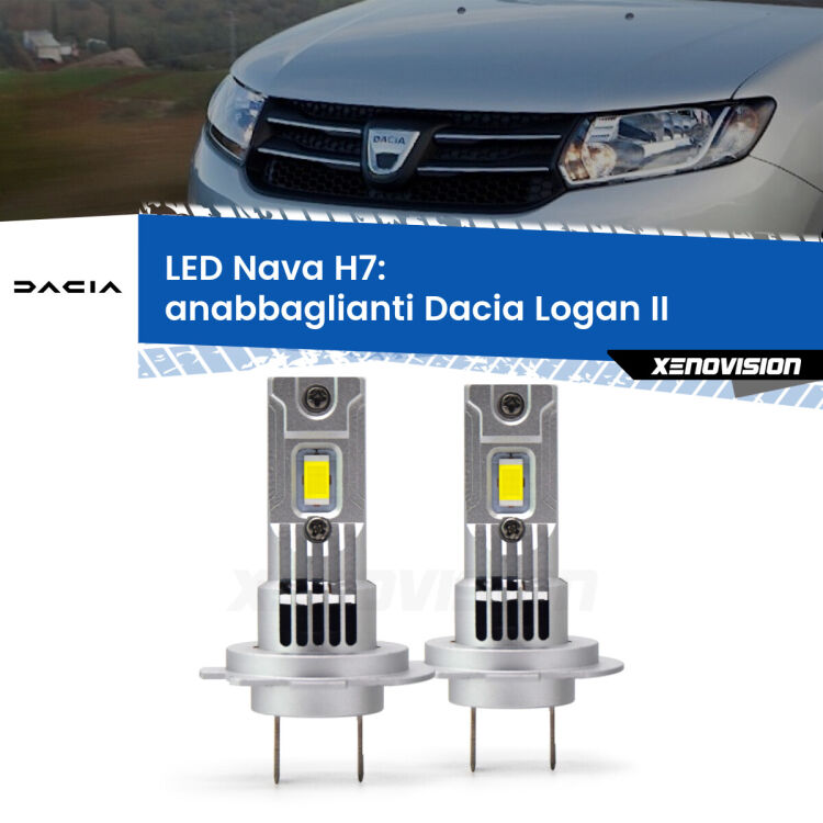 <strong>Anabbaglianti LED no-spie per Dacia Logan</strong> II a parabola doppia. Coppia lampade <strong>H7</strong> modello Nava canbus, raffreddate a ventola.