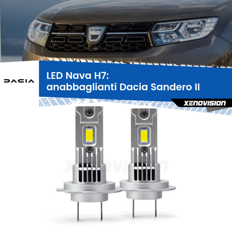 <strong>Anabbaglianti LED no-spie per Dacia Sandero II</strong>  a parabola doppia. Coppia lampade <strong>H7</strong> modello Nava canbus, raffreddate a ventola.