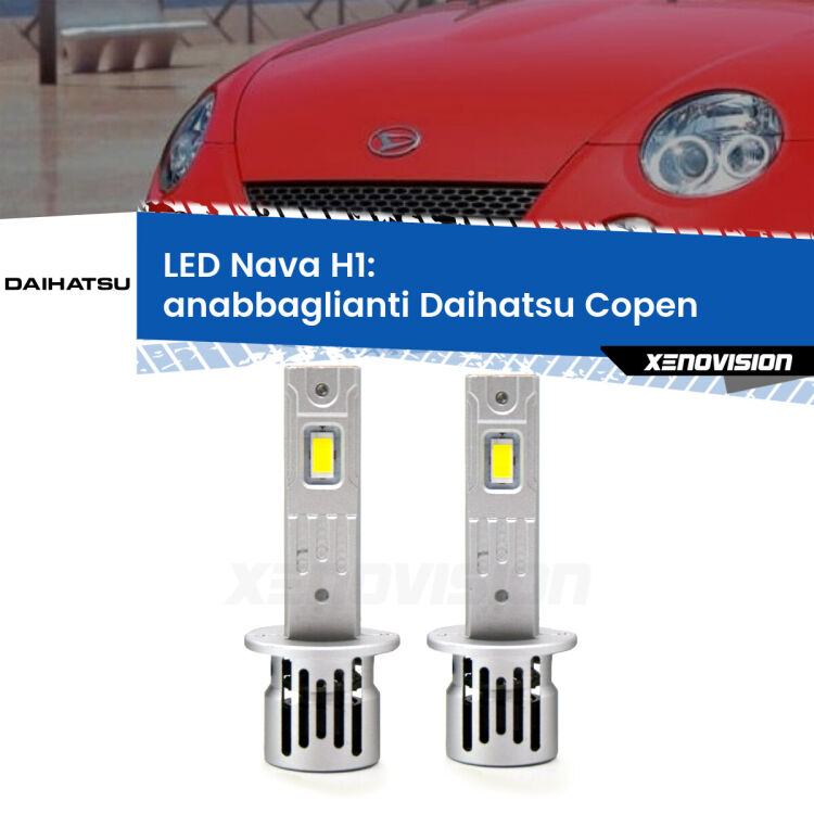 <strong>Anabbaglianti LED no-spie per Daihatsu Copen</strong>  2003 - 2012. Coppia lampade <strong> H1</strong> modello Nava canbus, raffreddate a ventola.