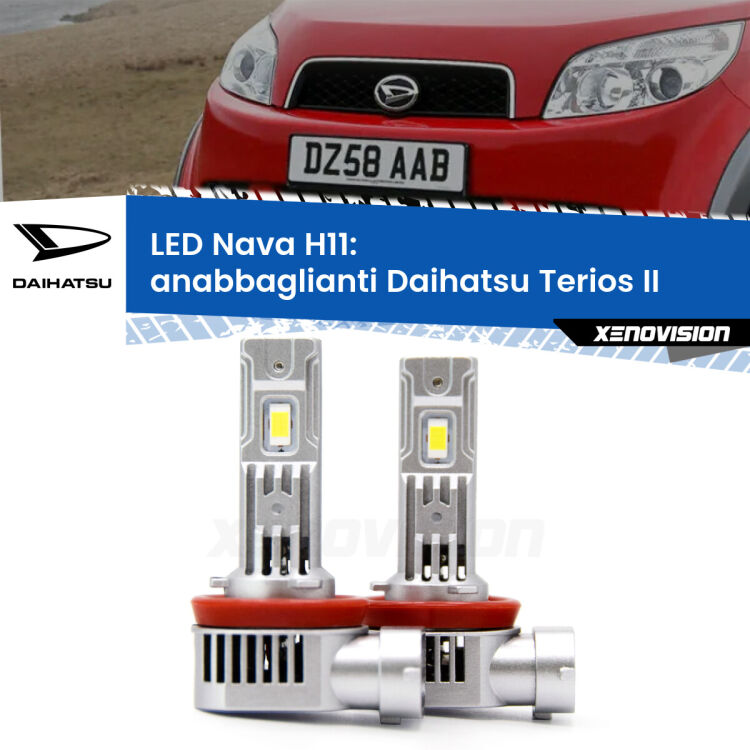 <strong>Anabbaglianti LED no-spie per Daihatsu Terios</strong> II a parabola doppia. Coppia lampade <strong>H11</strong> modello Nava canbus, raffreddate a ventola.