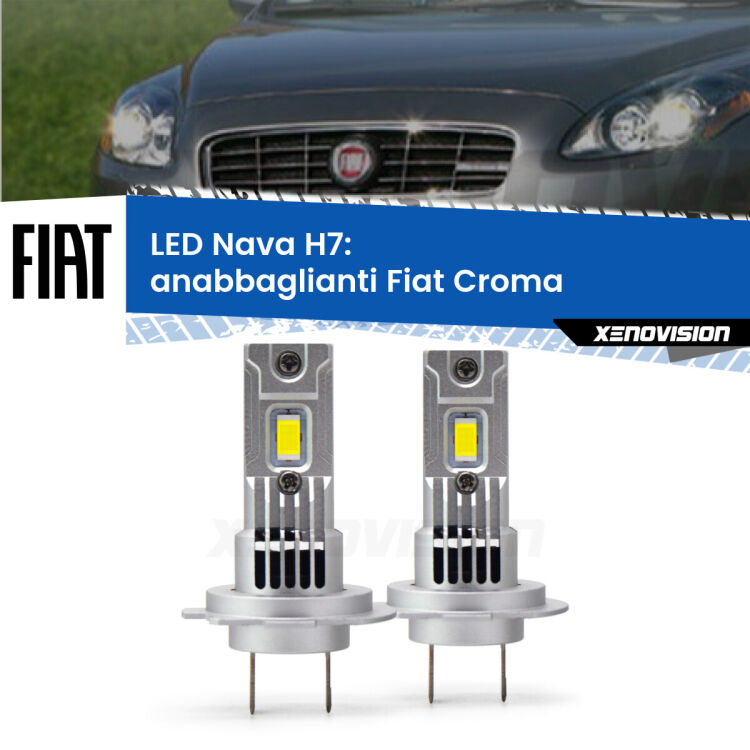 <strong>Anabbaglianti LED no-spie per Fiat Croma</strong>  2005 - 2007. Coppia lampade <strong>H7</strong> modello Nava canbus, raffreddate a ventola.