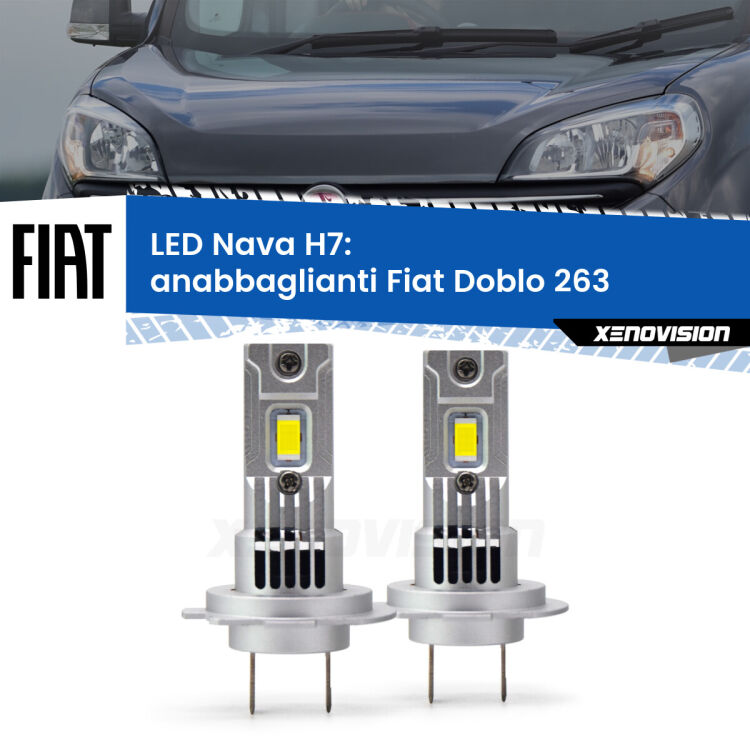 <strong>Anabbaglianti LED no-spie per Fiat Doblo</strong> 263 2010 - 2016. Coppia lampade <strong>H7</strong> modello Nava canbus, raffreddate a ventola.