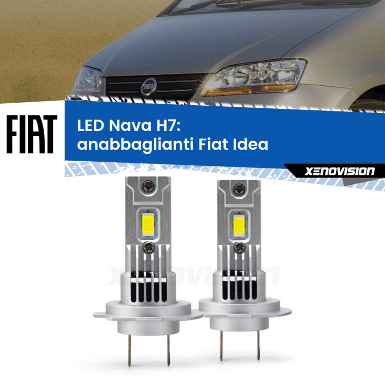 <strong>Anabbaglianti LED no-spie per Fiat Idea</strong>  2003 - 2015. Coppia lampade <strong>H7</strong> modello Nava canbus, raffreddate a ventola.