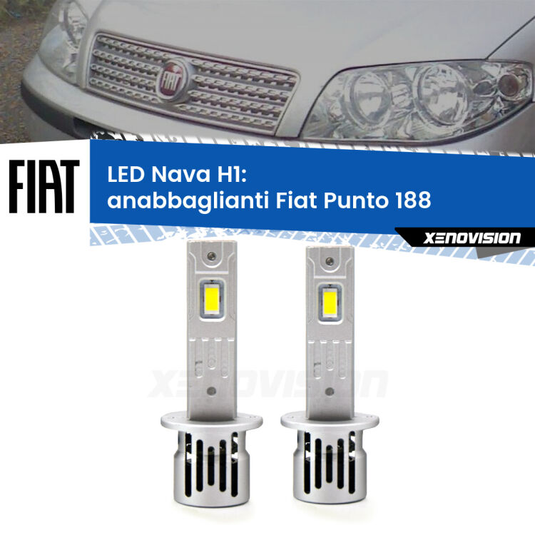 <strong>Anabbaglianti LED no-spie per Fiat Punto</strong> 188 1999 - 2002. Coppia lampade <strong> H1</strong> modello Nava canbus, raffreddate a ventola.