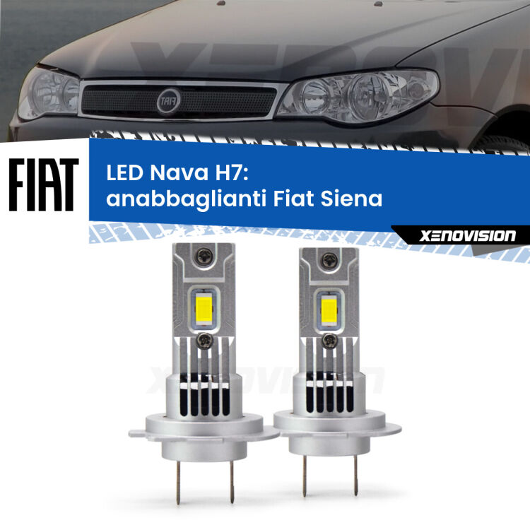 <strong>Anabbaglianti LED no-spie per Fiat Siena</strong>  a parabola doppia. Coppia lampade <strong>H7</strong> modello Nava canbus, raffreddate a ventola.