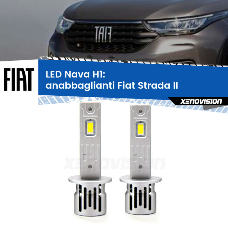 <strong>Anabbaglianti LED no-spie per Fiat Strada</strong> II 1º restyling. Coppia lampade <strong> H1</strong> modello Nava canbus, raffreddate a ventola.