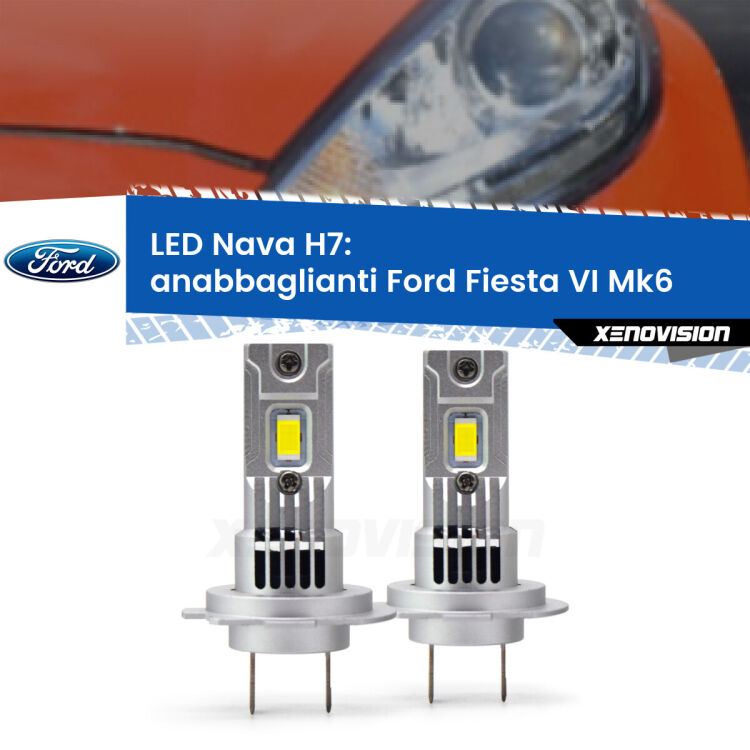 <strong>Anabbaglianti LED no-spie per Ford Fiesta VI</strong> Mk6 faro lenticolare. Coppia lampade <strong>H7</strong> modello Nava canbus, raffreddate a ventola.