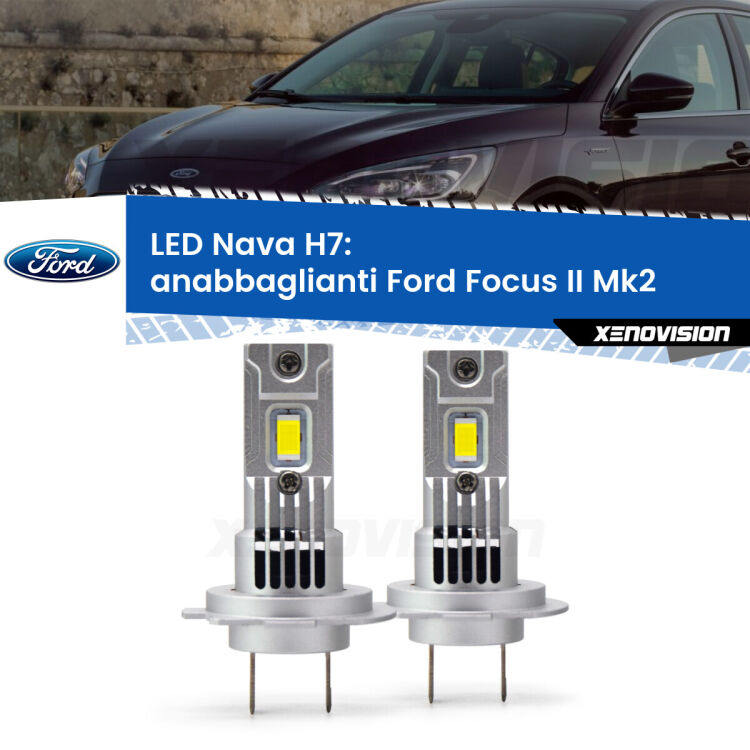 <strong>Anabbaglianti LED no-spie per Ford Focus II</strong> Mk2 2004 - 2011. Coppia lampade <strong>H7</strong> modello Nava canbus, raffreddate a ventola.