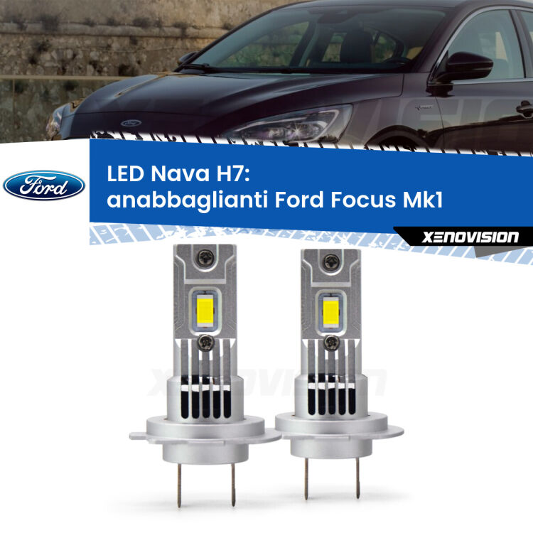 <strong>Anabbaglianti LED no-spie per Ford Focus</strong> Mk1 a parabola doppia. Coppia lampade <strong>H7</strong> modello Nava canbus, raffreddate a ventola.