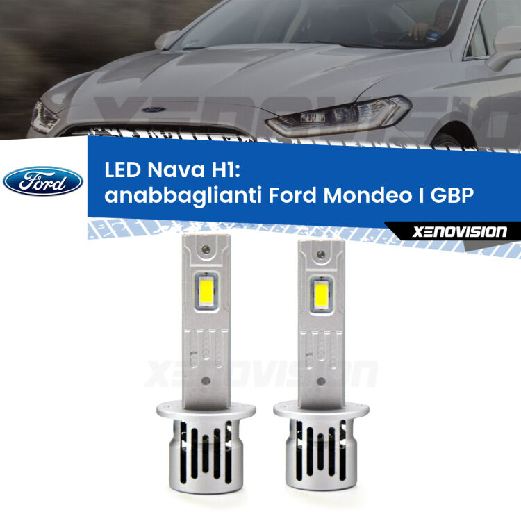 <strong>Anabbaglianti LED no-spie per Ford Mondeo I</strong> GBP 1993 - 1996. Coppia lampade <strong> H1</strong> modello Nava canbus, raffreddate a ventola.