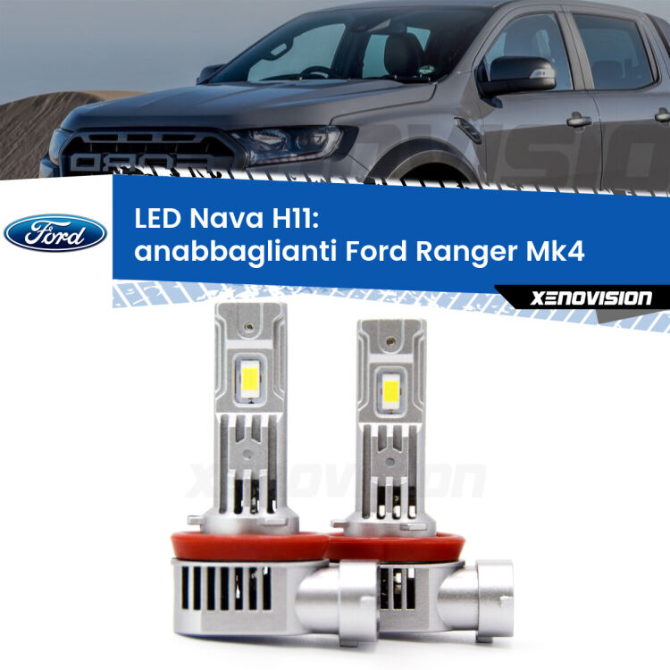 <strong>Anabbaglianti LED no-spie per Ford Ranger</strong> Mk4 2011 - 2018. Coppia lampade <strong>H11</strong>/H9/H8/H16(JP) modello Nava canbus, raffreddate a ventola.