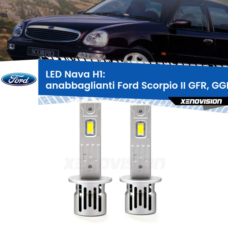 <strong>Anabbaglianti LED no-spie per Ford Scorpio II</strong> GFR, GGR 1994 - 1998. Coppia lampade <strong> H1</strong> modello Nava canbus, raffreddate a ventola.