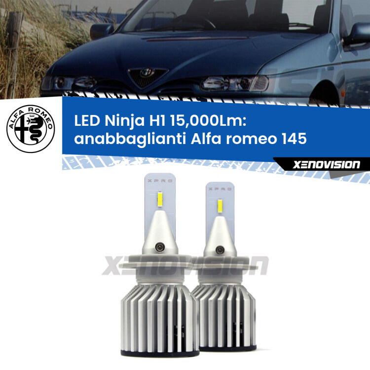 FINE SERIE: NO GARANZIA<strong>Kit anabbaglianti LED specifico per Alfa romeo 145</strong>  1994 - 2001. Lampade <strong>H1</strong> Canbus da 15.000Lumen di luminosità modello Ninja Xenovision.