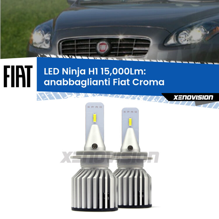 FINE SERIE: NO GARANZIA<strong>Kit anabbaglianti LED specifico per Fiat Croma</strong>  2007 - 2010. Lampade <strong>H1</strong> Canbus da 15.000Lumen di luminosità modello Ninja Xenovision.