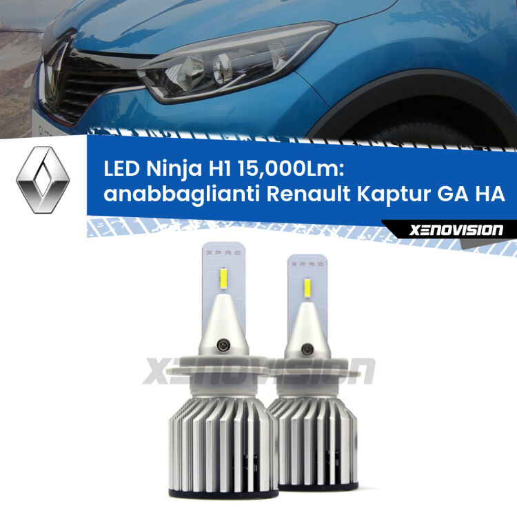 FINE SERIE: NO GARANZIA<strong>Kit anabbaglianti LED specifico per Renault Kaptur GA</strong> HA 2016 - 2018. Lampade <strong>H1</strong> Canbus da 15.000Lumen di luminosità modello Ninja Xenovision.