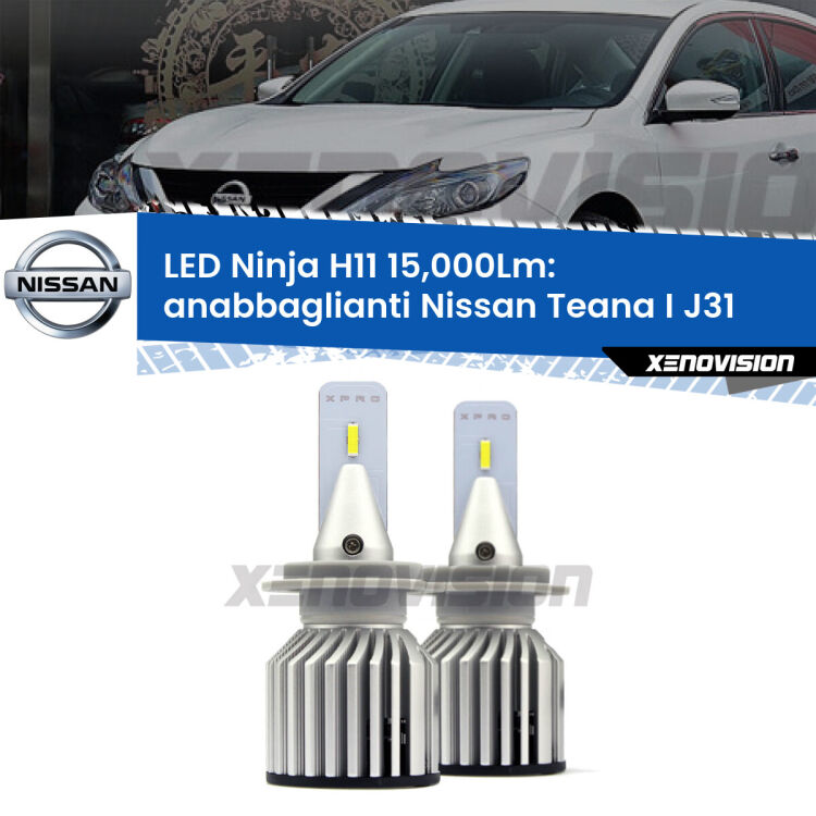 FINE SERIE: NO GARANZIA <strong>Kit anabbaglianti LED specifico per Nissan Teana I</strong> J31 2003 - 2008. Lampade <strong>H11</strong> Canbus da 15.000Lumen di luminosità modello Ninja Xenovision.