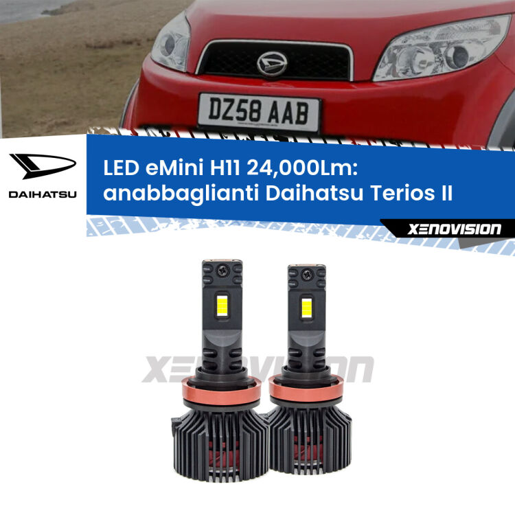 FINE SERIE: NO GARANZIA<strong>Kit anabbaglianti LED specifico per Daihatsu Terios</strong> II a parabola doppia. Lampade <strong>H11</strong> Canbus compatte da 24.000Lumen Eagle Mini Xenovision.