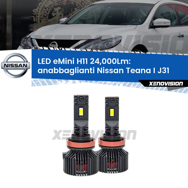 FINE SERIE: NO GARANZIA<strong>Kit anabbaglianti LED specifico per Nissan Teana I</strong> J31 2003 - 2008. Lampade <strong>H11</strong> Canbus compatte da 24.000Lumen Eagle Mini Xenovision.