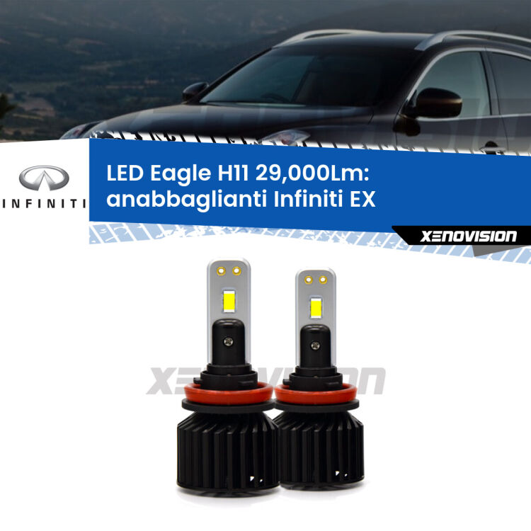 <strong>Kit anabbaglianti LED specifico per Infiniti EX</strong>  2008 in poi. Lampade <strong>H11</strong> Canbus da 29.000Lumen di luminosità modello Eagle Xenovision.