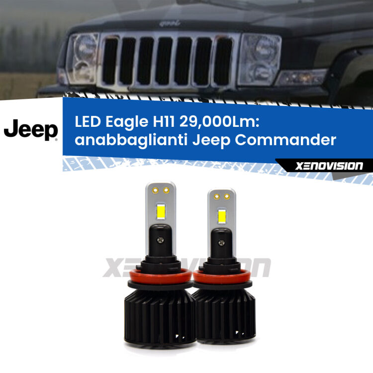 <strong>Kit anabbaglianti LED specifico per Jeep Commander</strong>  2005 - 2010. Lampade <strong>H11</strong> Canbus da 29.000Lumen di luminosità modello Eagle Xenovision.