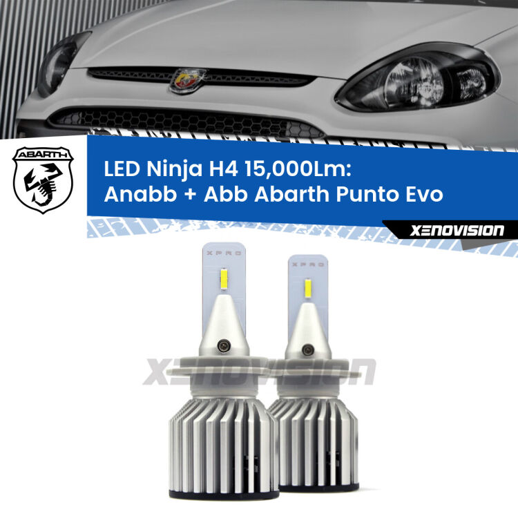 FINE SERIE: NO GARANZIA<strong>Kit anabbaglianti + abbaglianti LED per Abarth Punto Evo</strong>  2010 - 2014. Lampade <strong>H4</strong> Canbus da 15.000Lumen di luminosità modello Ninja Xenovision.LIQUIDAZIONE FINE SERIE: VENDUTO SENZA GARANZIA