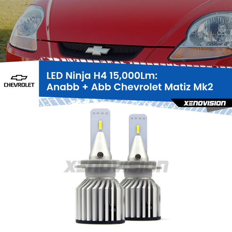 FINE SERIE: NO GARANZIA<strong>Kit anabbaglianti + abbaglianti LED per Chevrolet Matiz</strong> Mk2 2005 - 2011. Lampade <strong>H4</strong> Canbus da 15.000Lumen di luminosità modello Ninja Xenovision.LIQUIDAZIONE FINE SERIE: VENDUTO SENZA GARANZIA