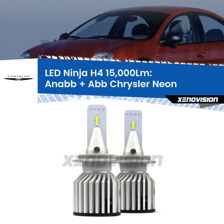 FINE SERIE: NO GARANZIA<strong>Kit anabbaglianti + abbaglianti LED per Chrysler Neon</strong>  1994 - 1999. Lampade <strong>H4</strong> Canbus da 15.000Lumen di luminosità modello Ninja Xenovision.LIQUIDAZIONE FINE SERIE: VENDUTO SENZA GARANZIA