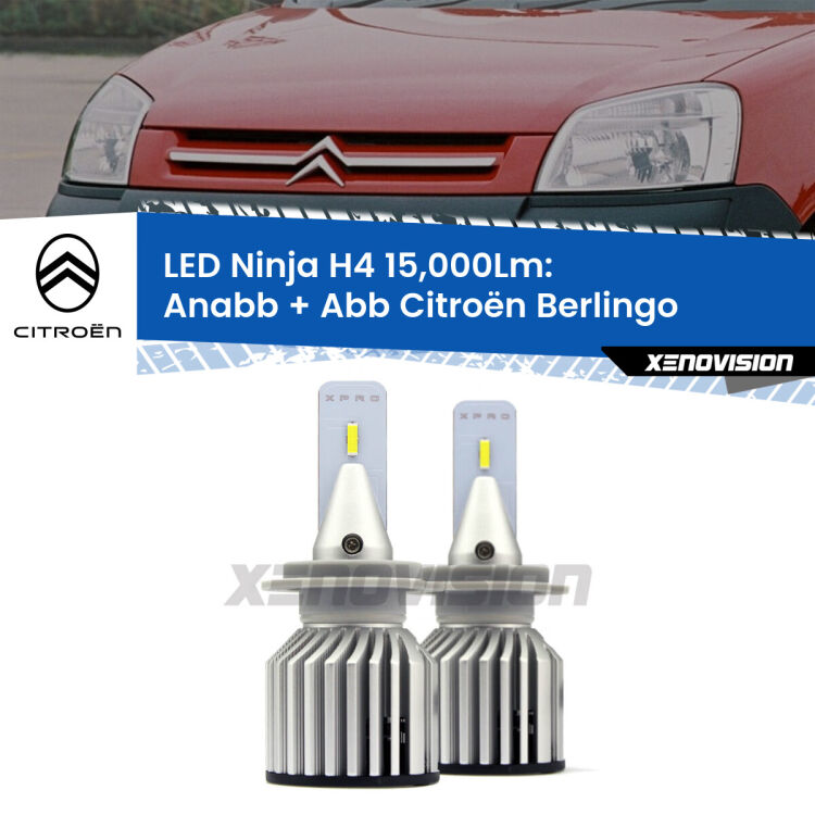 FINE SERIE: NO GARANZIA<strong>Kit anabbaglianti + abbaglianti LED per Citroën Berlingo</strong>  1996 - 2007. Lampade <strong>H4</strong> Canbus da 15.000Lumen di luminosità modello Ninja Xenovision.LIQUIDAZIONE FINE SERIE: VENDUTO SENZA GARANZIA